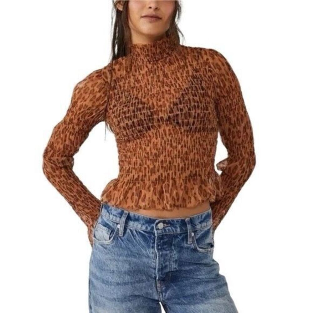 Free People Sheer Leopard Print Smocked Mock Neck Top Size XS